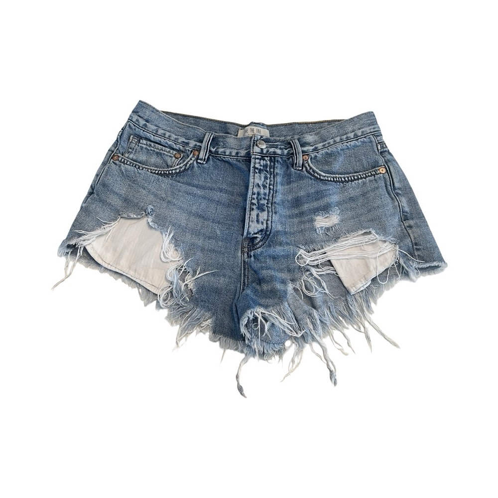 We The Free Free People Distressed Denim Shorts Blue Button Fly Cut Offs Size 28
